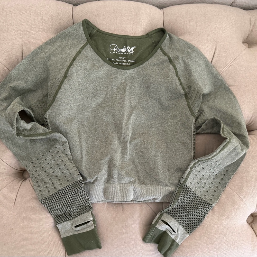 Bombshell Sportswear Sage Green Mesh Sleeve Crop Top